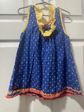 Matilda Jane Royal Blue Dress with White Dot Print and Orange Trim